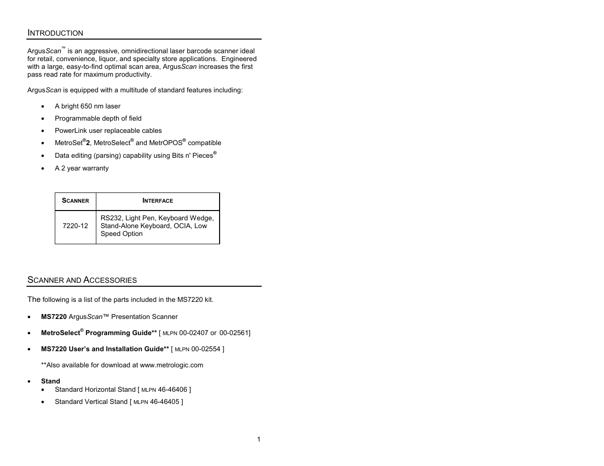 Introduction, Scanner and accessories, Introduction scanner and accessories | Metrologic Instruments ARGUSSCANTM MS7220 User Manual | Page 5 / 52