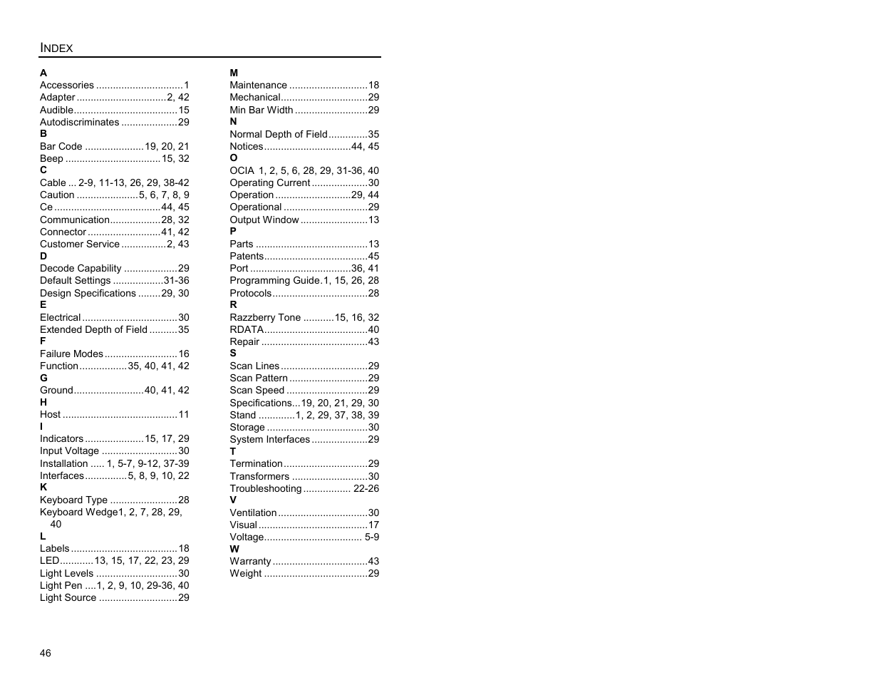Index | Metrologic Instruments ARGUSSCANTM MS7220 User Manual | Page 50 / 52