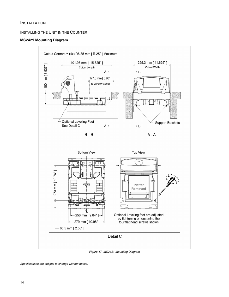 Installing the unit in the counter, Ms2421 mounting diagram | Metrologic Instruments MS2421 User Manual | Page 18 / 66