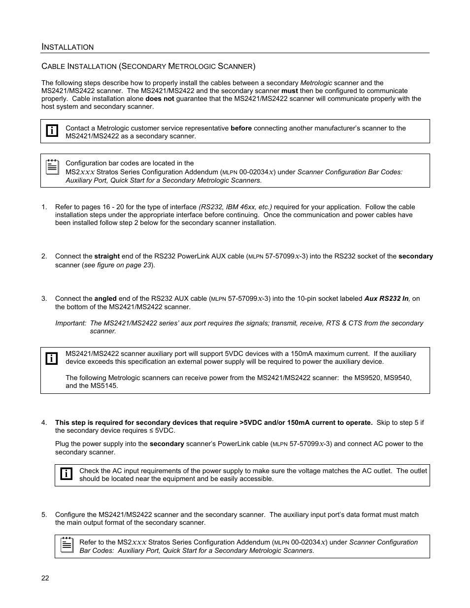 Cable installation (secondary metrologic scanner) | Metrologic Instruments MS2421 User Manual | Page 26 / 66