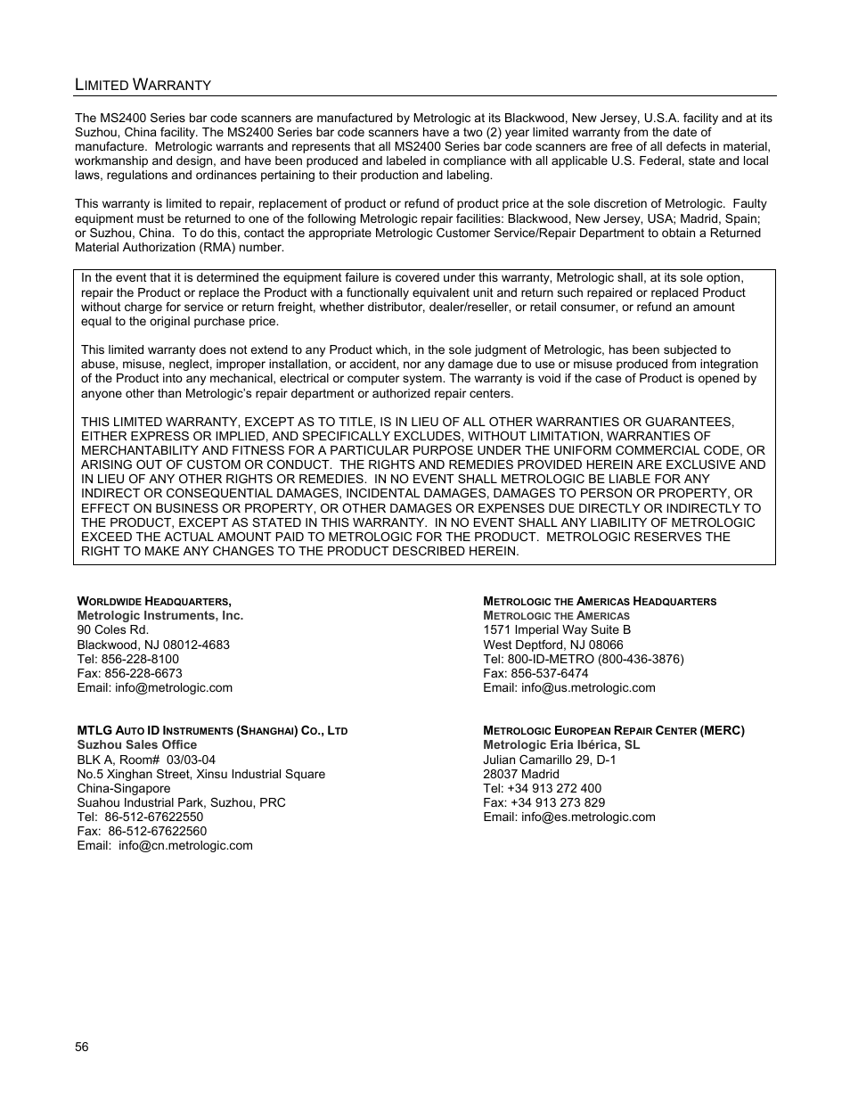 Limited warranty | Metrologic Instruments MS2421 User Manual | Page 60 / 66
