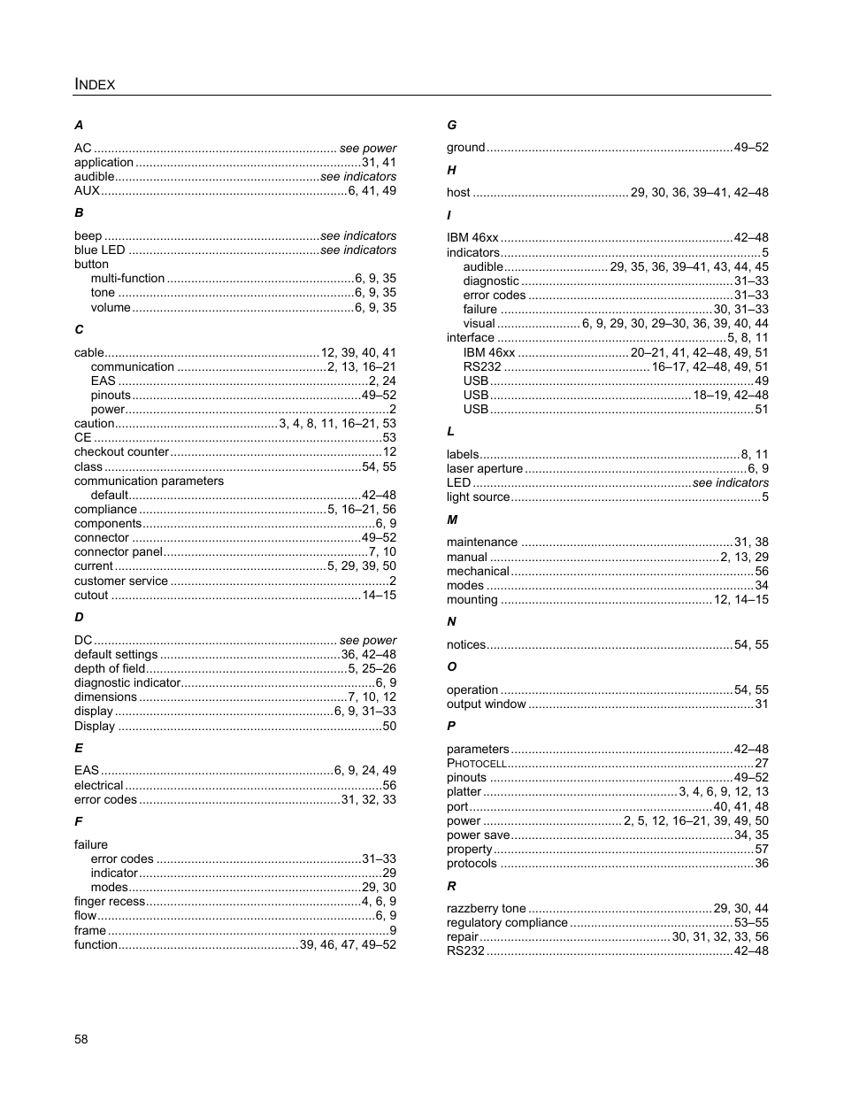 Index | Metrologic Instruments MS2421 User Manual | Page 62 / 66