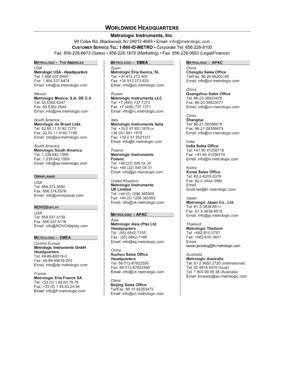 Company address / telephone listing | Metrologic Instruments MS2421 User Manual | Page 64 / 66