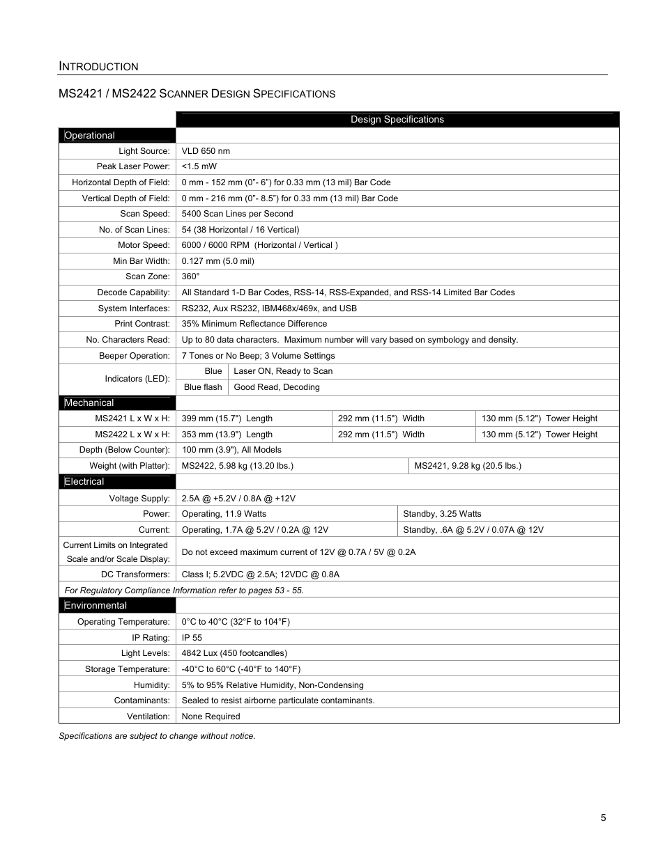 Ms2421/ms2422 scanner design specifications, Ms2421, Ms2422 | Metrologic Instruments MS2421 User Manual | Page 9 / 66