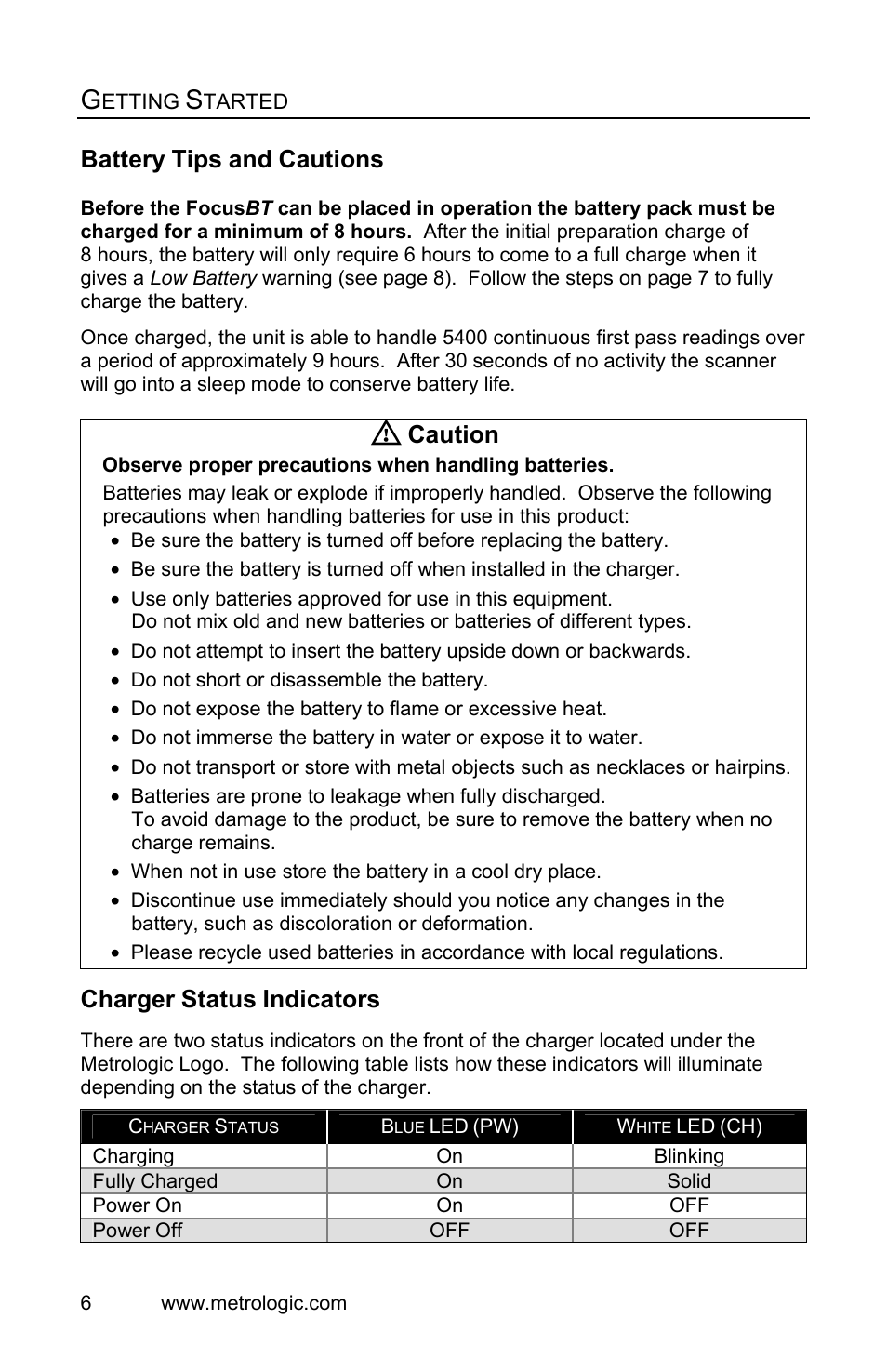 Getting started, Battery tips and cautions, Charger status indicators | Battery, Tips, Cautions, Caution, Charger, Status, Indicators | Metrologic Instruments FocusBT MS1633 User Manual | Page 10 / 52