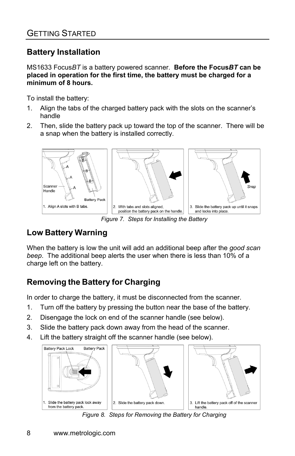 Battery installation, Low battery warning, Removing the battery for charging | Battery, Installation, Warning, Removing, Charging | Metrologic Instruments FocusBT MS1633 User Manual | Page 12 / 52