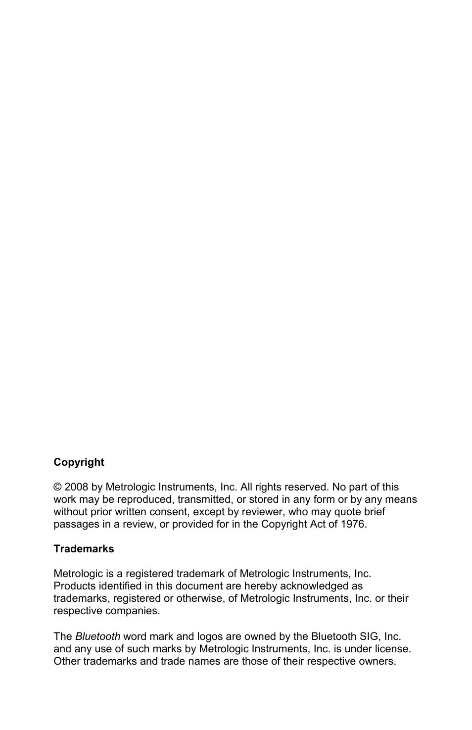 Copyright / trademarks | Metrologic Instruments FocusBT MS1633 User Manual | Page 2 / 52