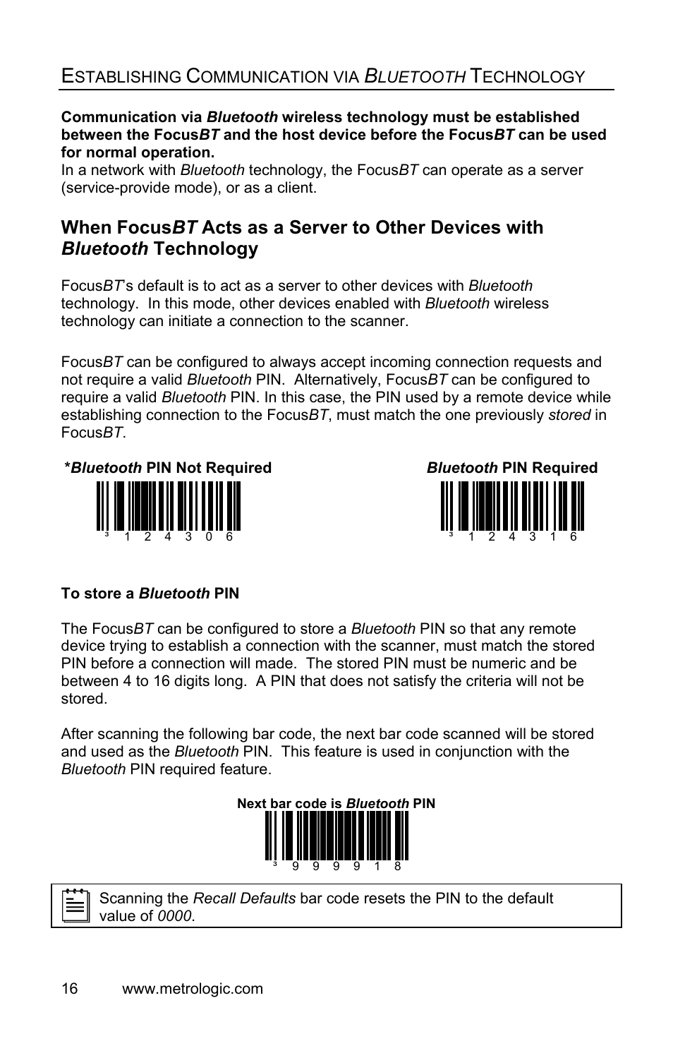 When focusbt acts as a server to other devices, When focus bt acts as a server to other devices, When | Metrologic Instruments FocusBT MS1633 User Manual | Page 20 / 52