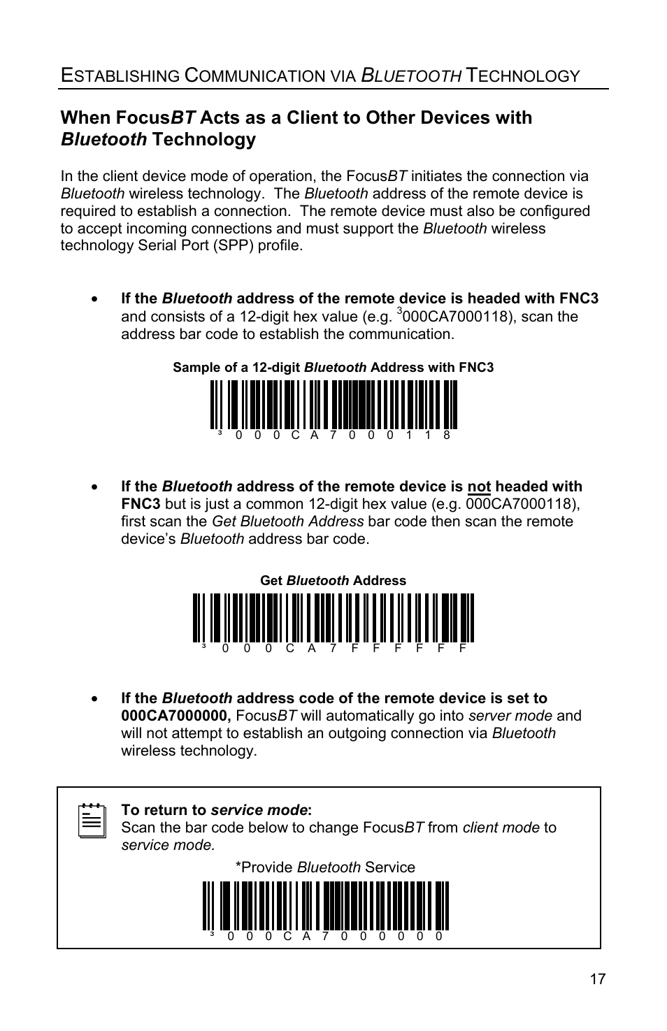 When focusbt acts as a client to other devices, When focus bt acts as a client to other devices, When | Metrologic Instruments FocusBT MS1633 User Manual | Page 21 / 52