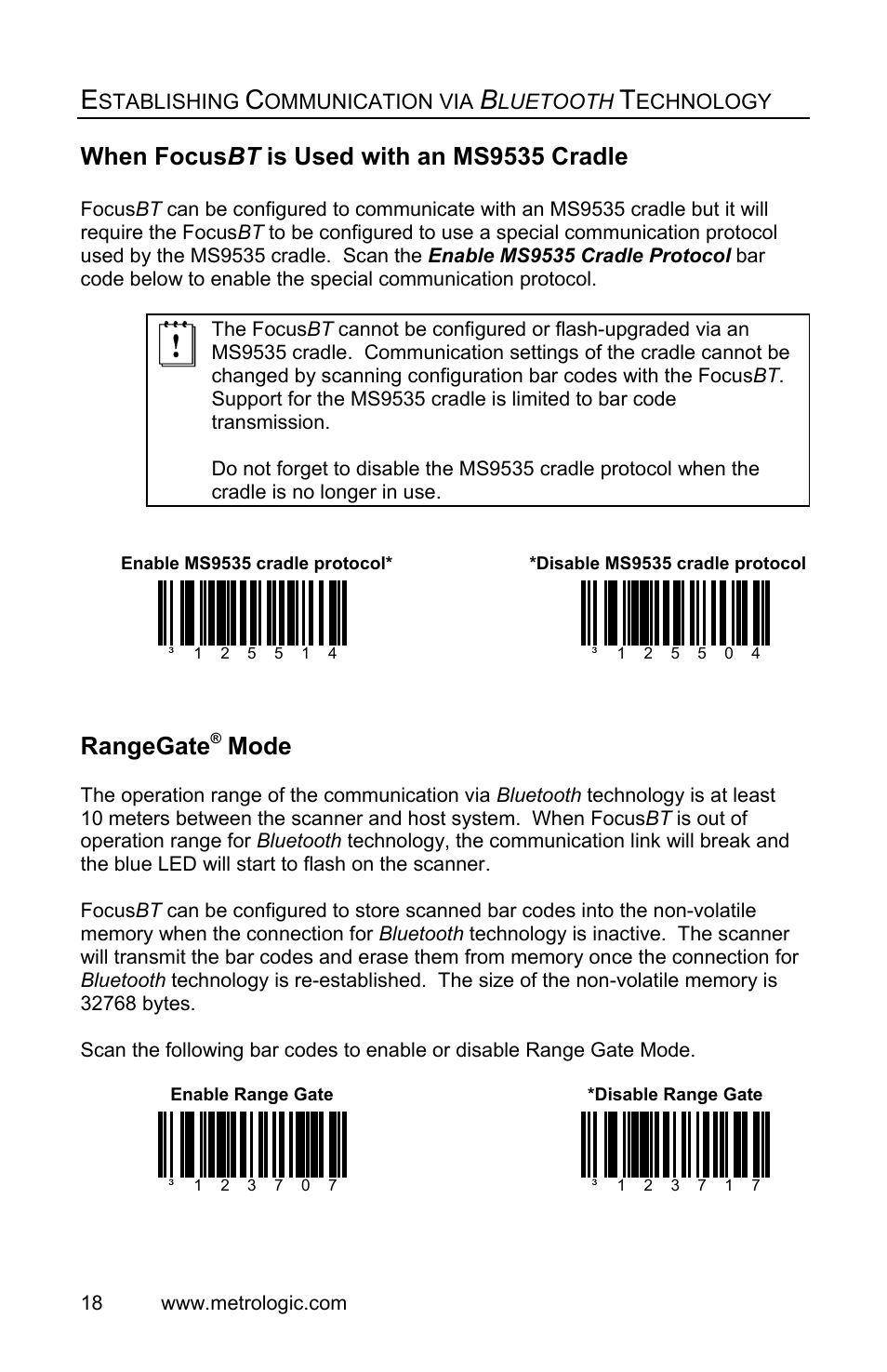 When focusbt is used with an ms9535 cradle, Range gate mode, When focus bt is used with an ms9535 cradle | Rangegate, Mode | Metrologic Instruments FocusBT MS1633 User Manual | Page 22 / 52