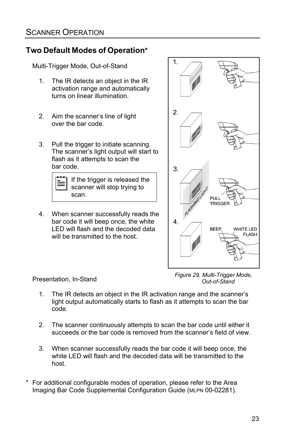 Scanner operation, Two default modes of operation, Default | Modes, Operation | Metrologic Instruments FocusBT MS1633 User Manual | Page 27 / 52