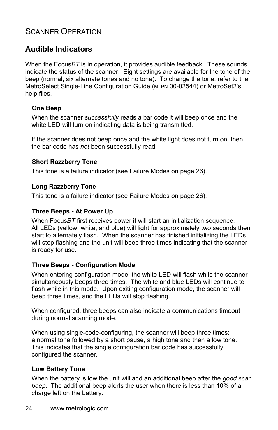 Audible indicators, Audible, Indicators | Metrologic Instruments FocusBT MS1633 User Manual | Page 28 / 52