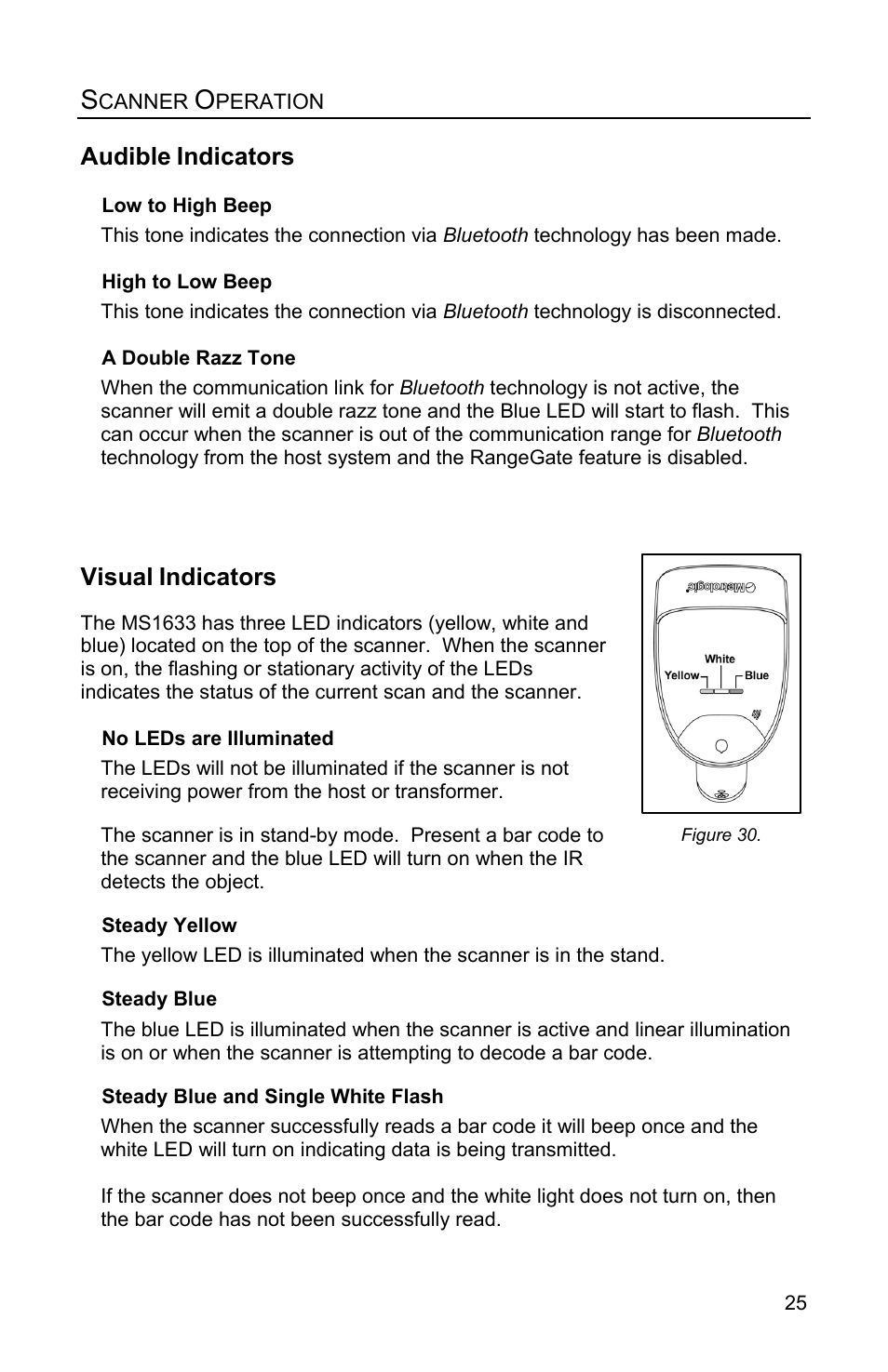 Visual indicators, Audible, Indicators | Visual | Metrologic Instruments FocusBT MS1633 User Manual | Page 29 / 52