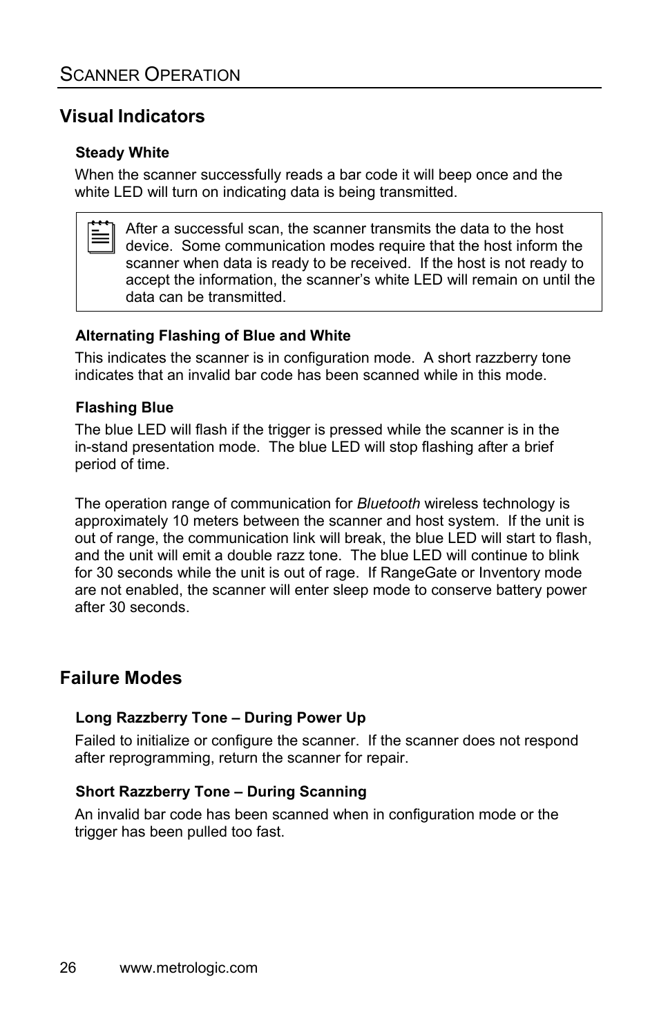 Failure modes, Visual, Indicators | Failure, Modes | Metrologic Instruments FocusBT MS1633 User Manual | Page 30 / 52