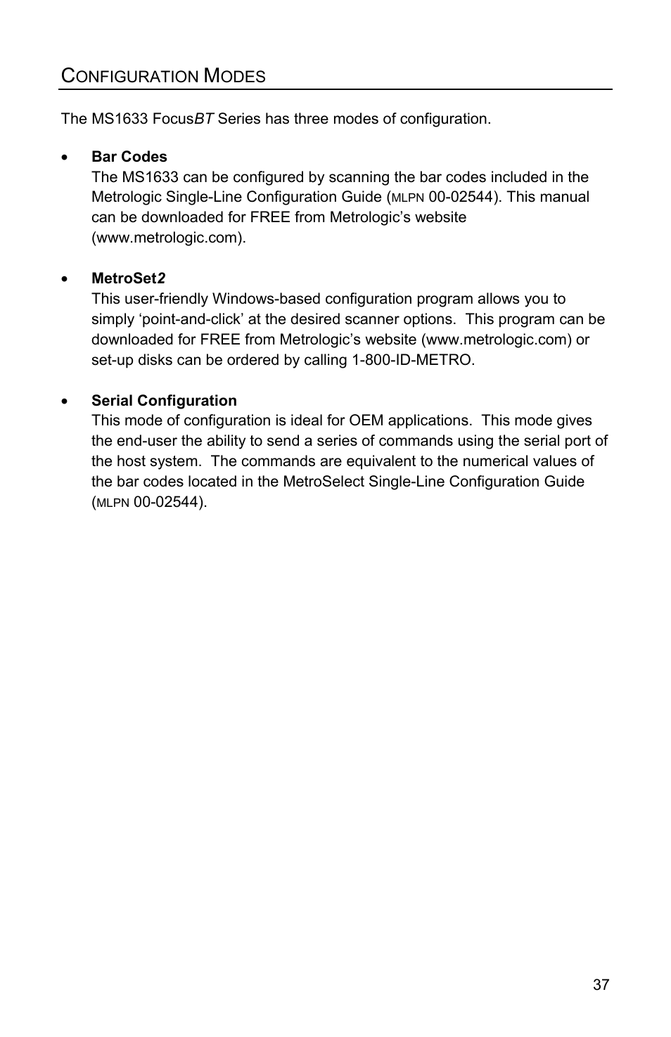 Configuration modes | Metrologic Instruments FocusBT MS1633 User Manual | Page 41 / 52