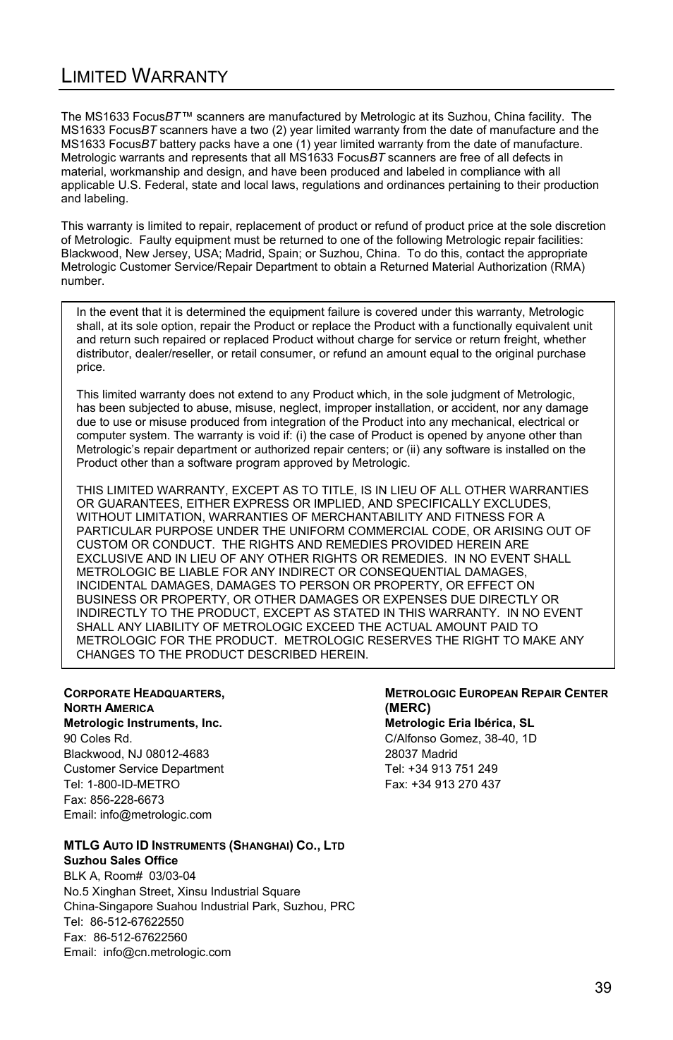 Limited warranty, Imited, Arranty | Metrologic Instruments FocusBT MS1633 User Manual | Page 43 / 52