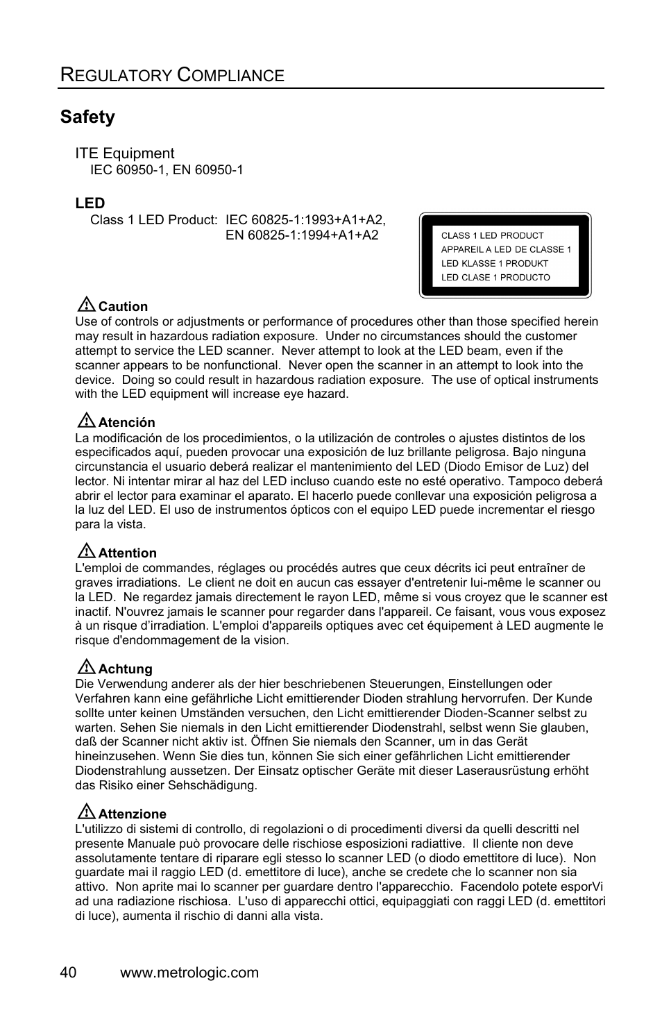 Regulatory compliance, Safety | Metrologic Instruments FocusBT MS1633 User Manual | Page 44 / 52