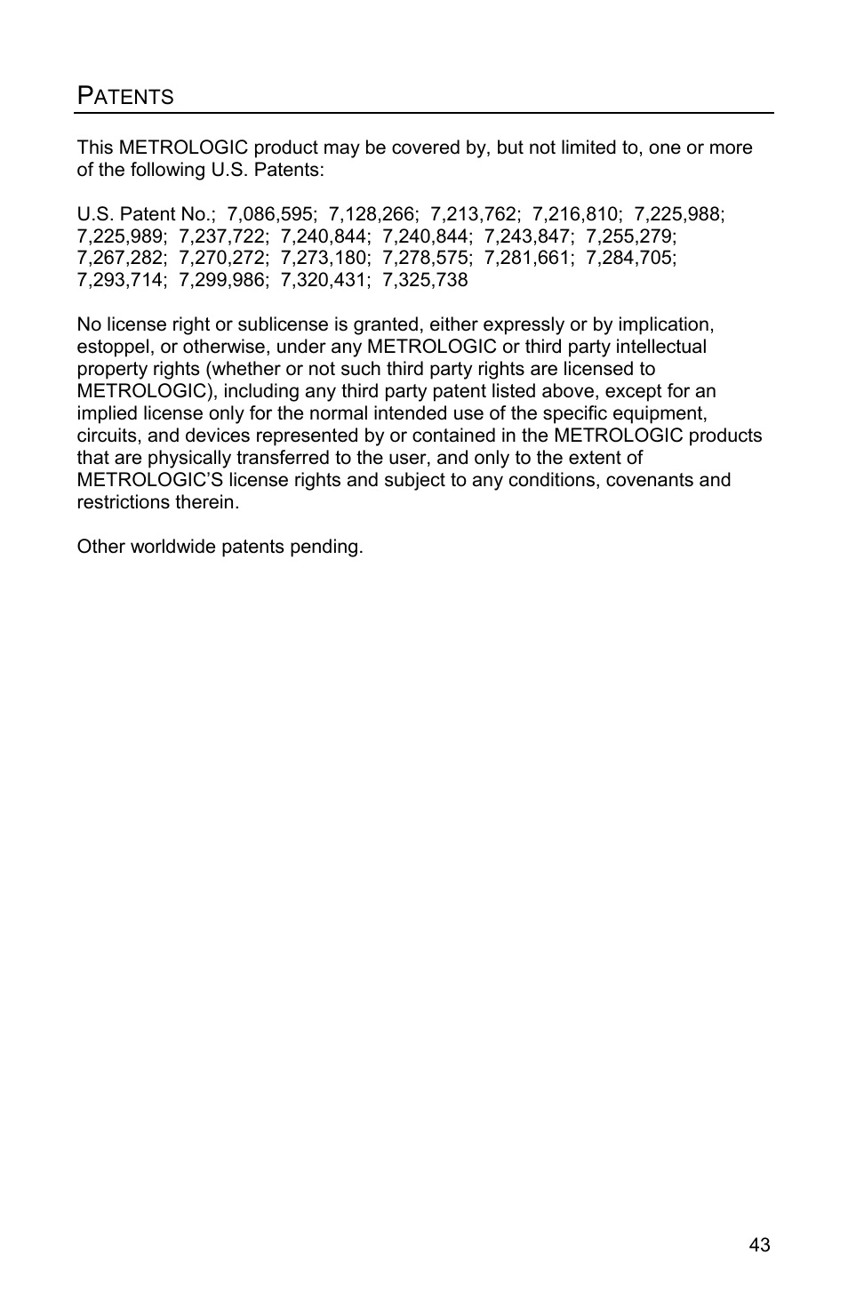 Patents | Metrologic Instruments FocusBT MS1633 User Manual | Page 47 / 52