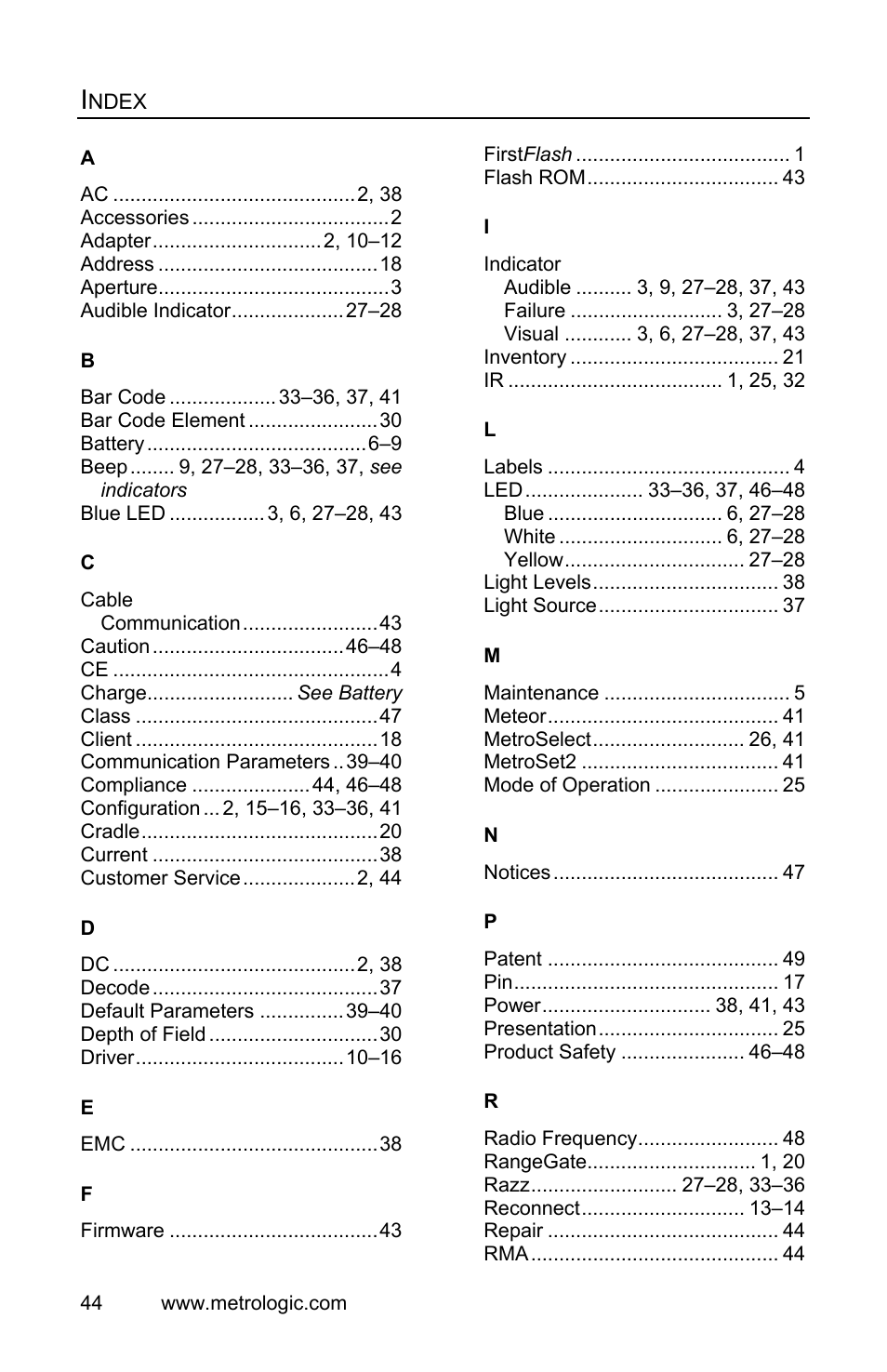 Index | Metrologic Instruments FocusBT MS1633 User Manual | Page 48 / 52