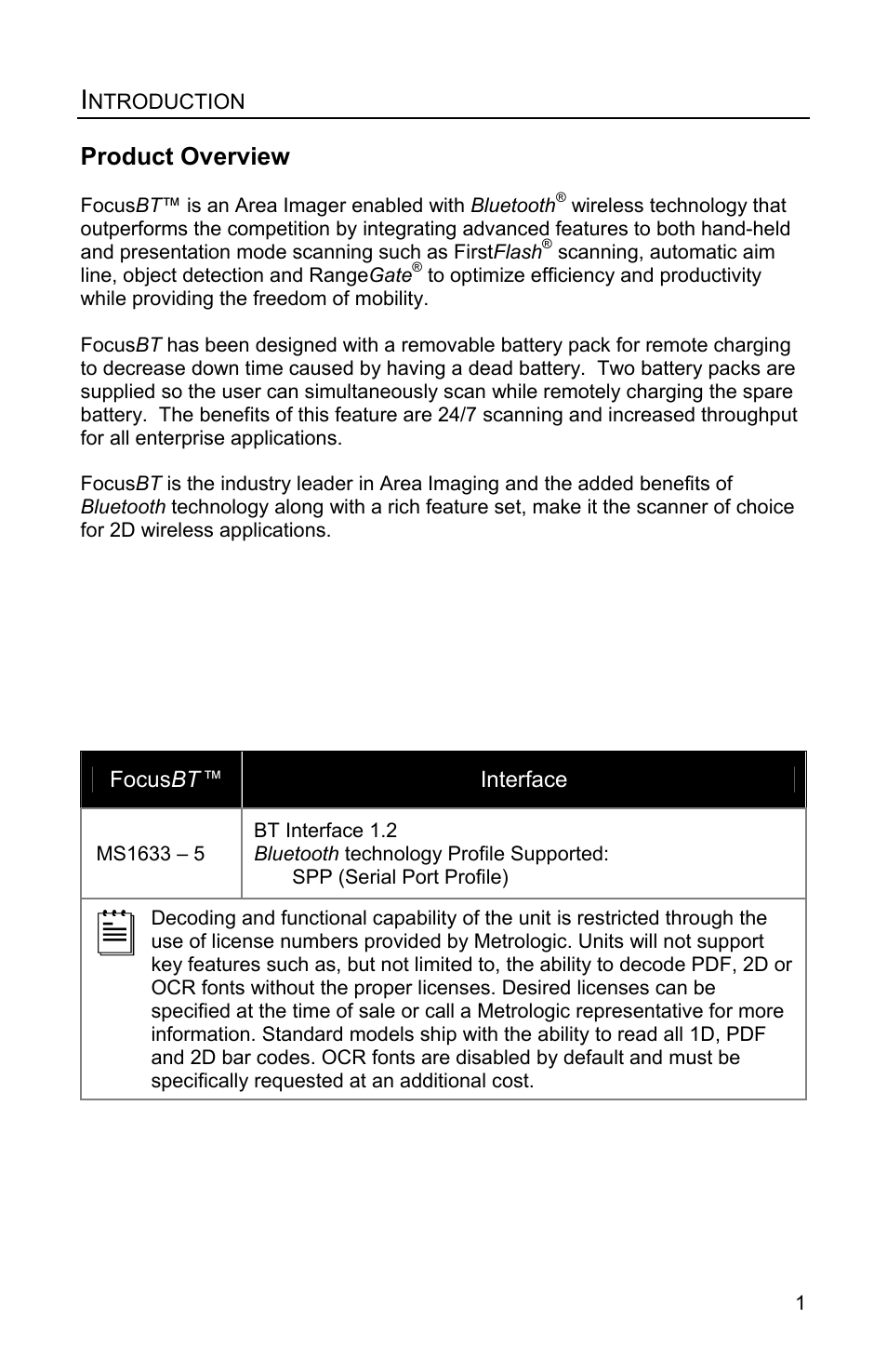 Introduction, Product overview | Metrologic Instruments FocusBT MS1633 User Manual | Page 5 / 52