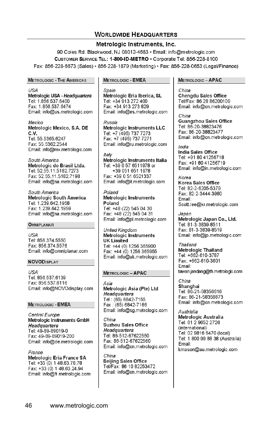 Contact information and office locations | Metrologic Instruments FocusBT MS1633 User Manual | Page 50 / 52