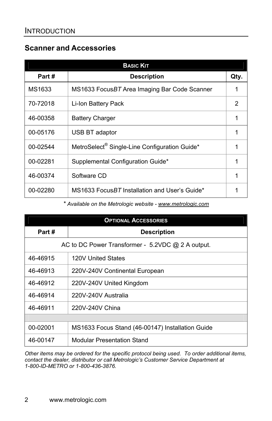 Scanner and accessories, Scanner, Accessories | Metrologic Instruments FocusBT MS1633 User Manual | Page 6 / 52