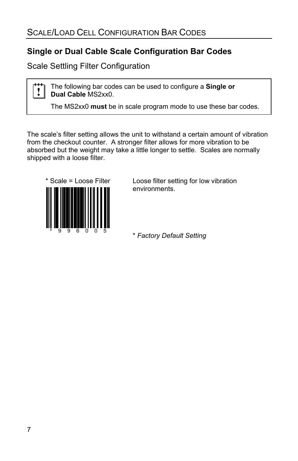 Scale settling filter configuration, Single or dual cable scale configuration bar codes | Metrologic Instruments Stratos MS2xxx Series User Manual | Page 12 / 88