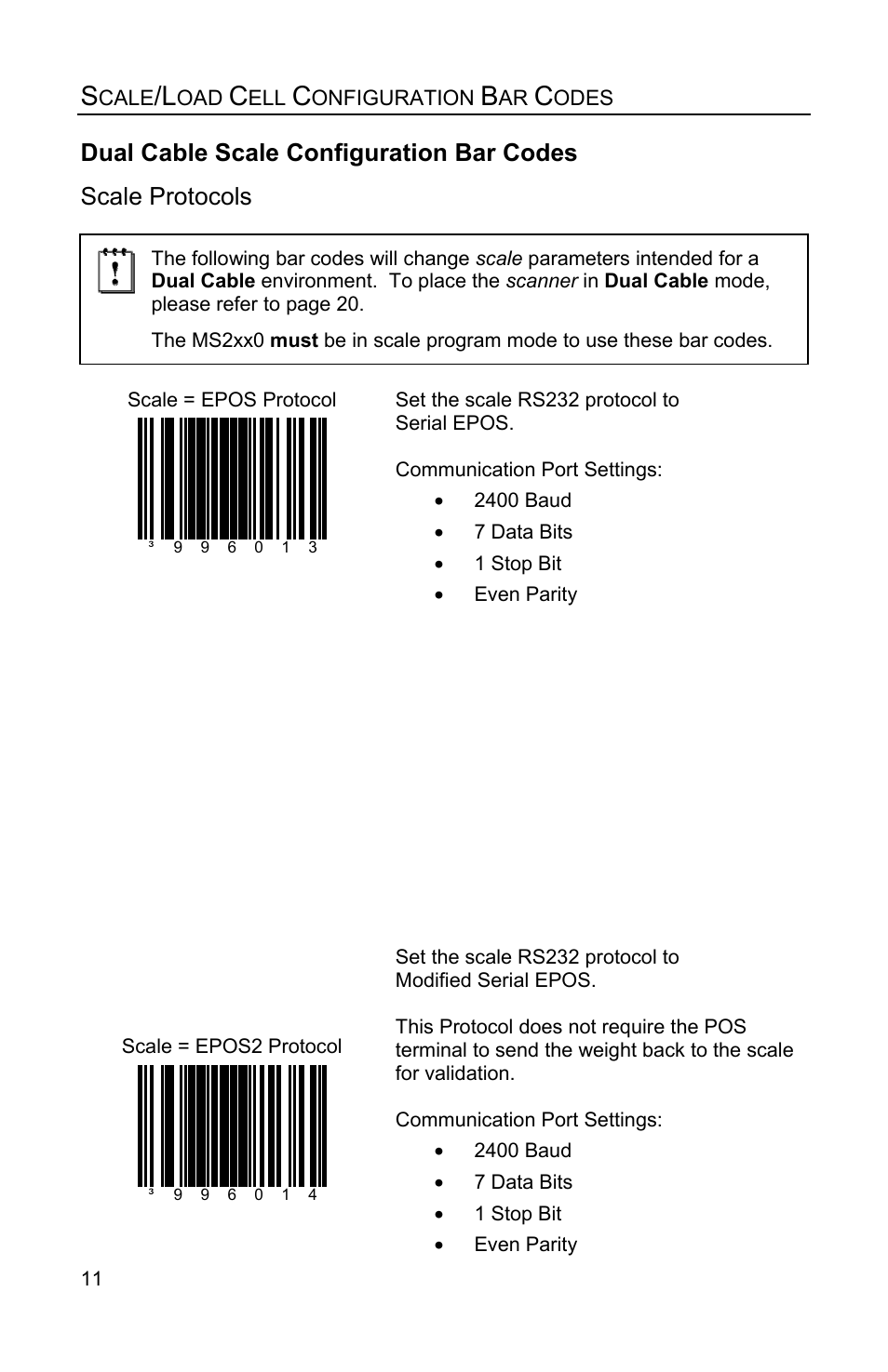 Scale protocols, Dual cable scale configuration bar codes | Metrologic Instruments Stratos MS2xxx Series User Manual | Page 16 / 88