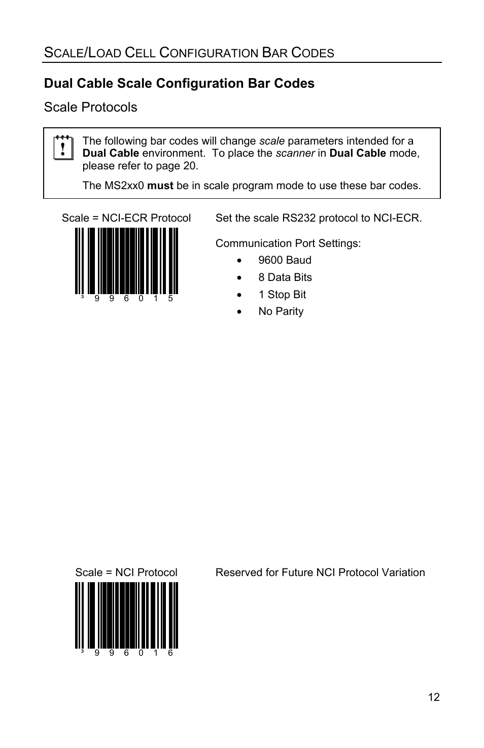 Dual cable scale configuration bar codes, Scale protocols | Metrologic Instruments Stratos MS2xxx Series User Manual | Page 17 / 88