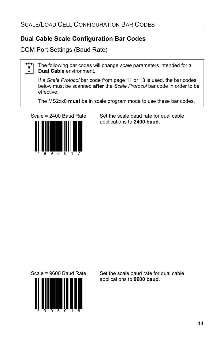 Scale com port settings (baud rate), Dual cable scale configuration bar codes, Com port settings (baud rate) | Metrologic Instruments Stratos MS2xxx Series User Manual | Page 19 / 88