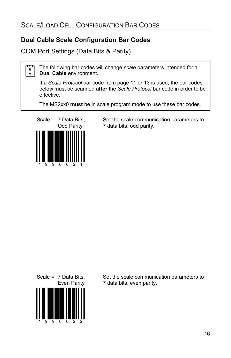 Scale com port settings (data bits & parity), Dual cable scale configuration bar codes, Com port settings (data bits & parity) | Metrologic Instruments Stratos MS2xxx Series User Manual | Page 21 / 88