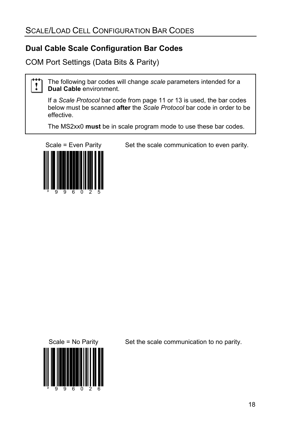 Dual cable scale configuration bar codes, Com port settings (data bits & parity) | Metrologic Instruments Stratos MS2xxx Series User Manual | Page 23 / 88