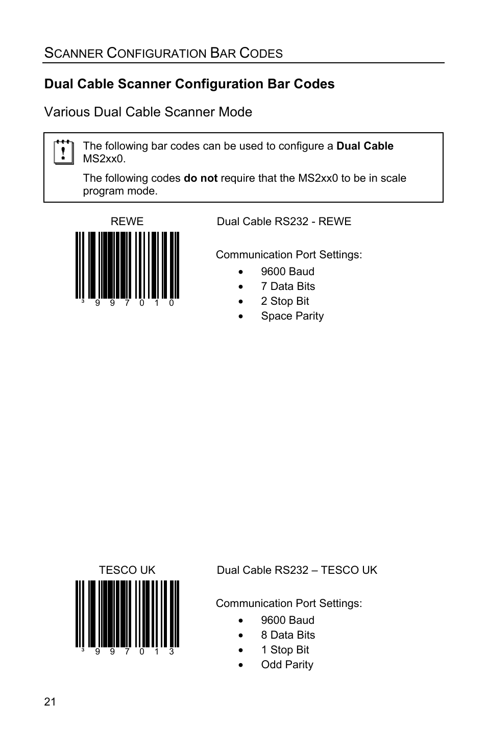 Various dual cable scanner mode, Dual cable scanner configuration bar codes | Metrologic Instruments Stratos MS2xxx Series User Manual | Page 26 / 88