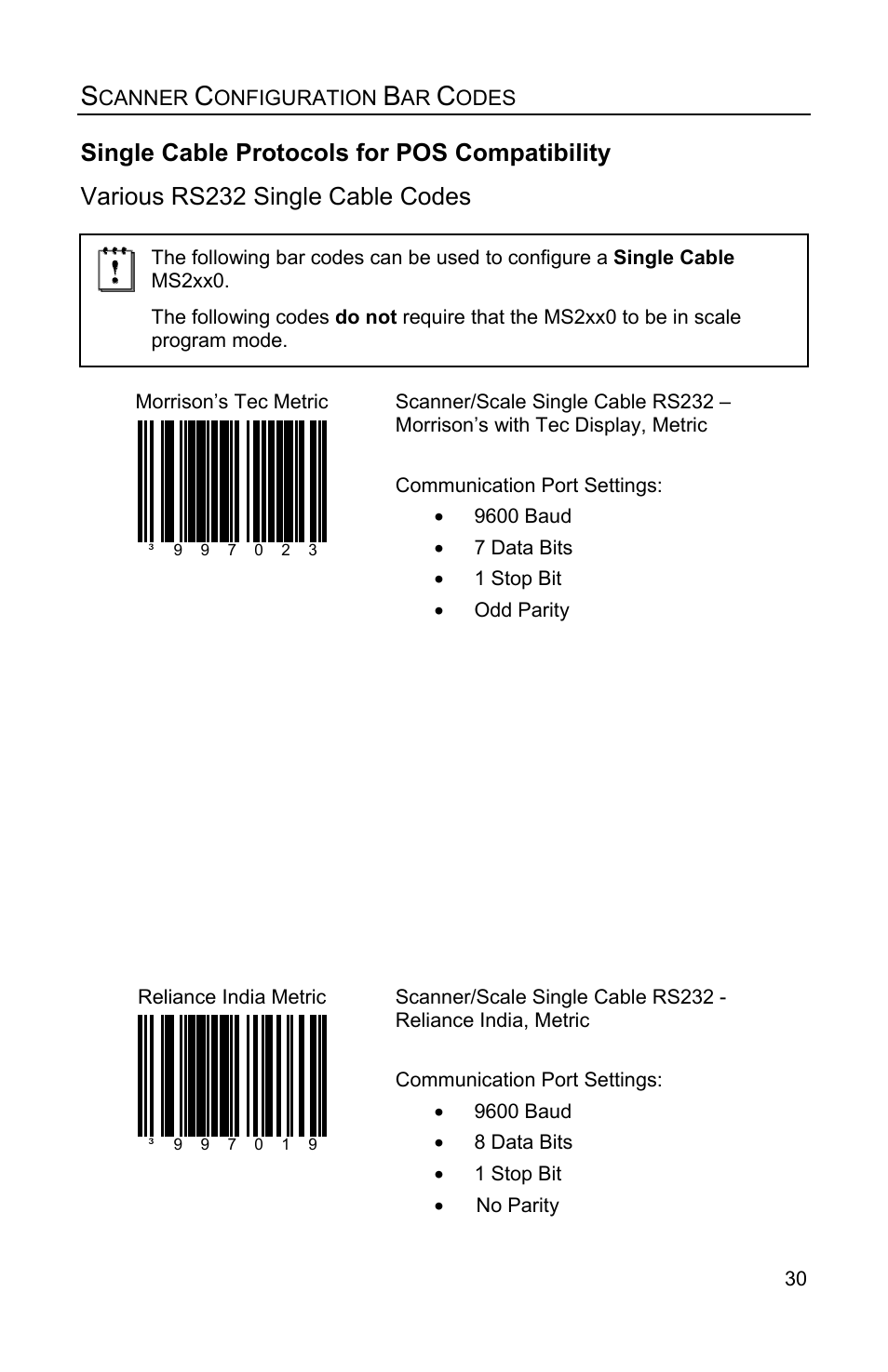 Various rs232 single cable codes, Single cable protocols for pos compatibility | Metrologic Instruments Stratos MS2xxx Series User Manual | Page 35 / 88