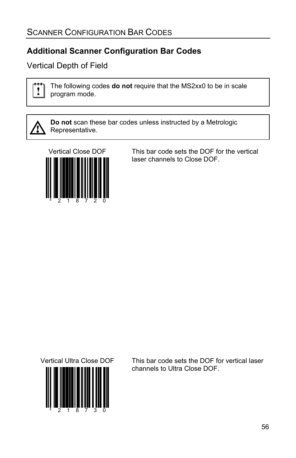 Additional scanner configuration bar codes, Vertical depth of field | Metrologic Instruments Stratos MS2xxx Series User Manual | Page 61 / 88