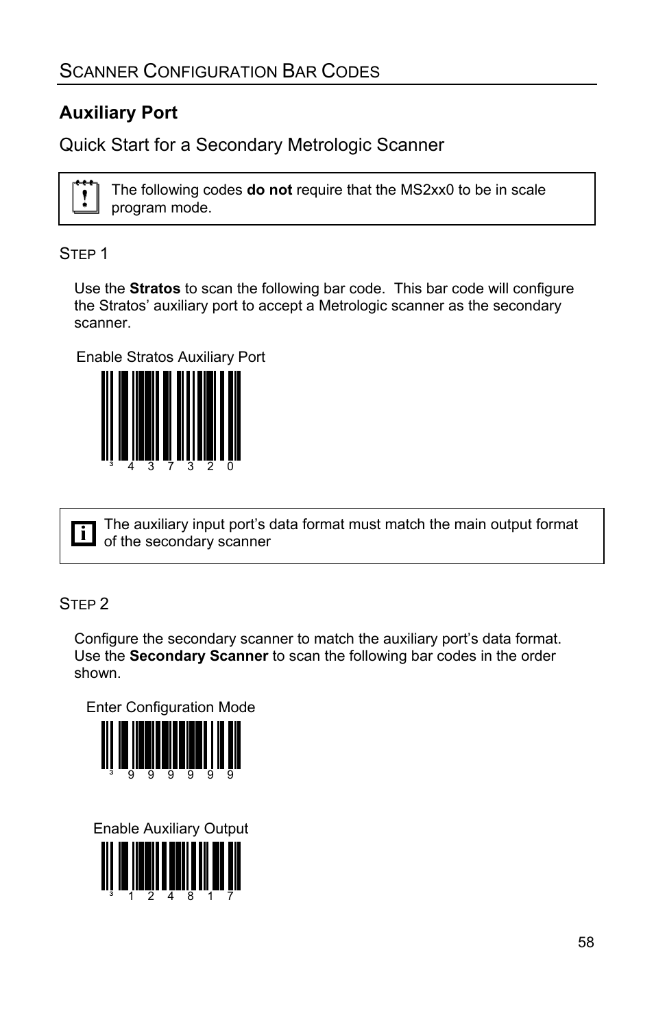 Quick start for a secondary metrologic scanner, Auxiliary port | Metrologic Instruments Stratos MS2xxx Series User Manual | Page 63 / 88