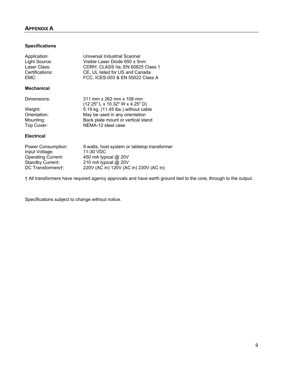 Specifications | Metrologic Instruments 1070 User Manual | Page 13 / 21