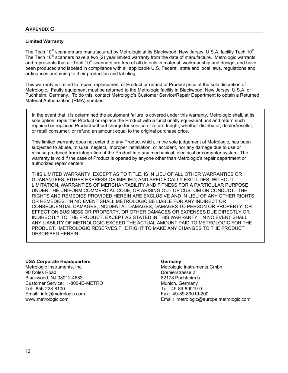 Limited warranty | Metrologic Instruments 1070 User Manual | Page 16 / 21