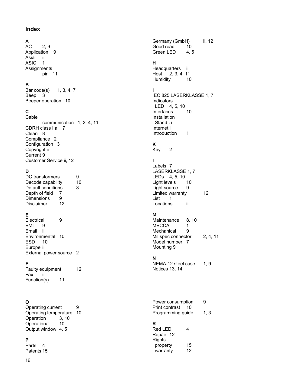 Index | Metrologic Instruments 1070 User Manual | Page 20 / 21