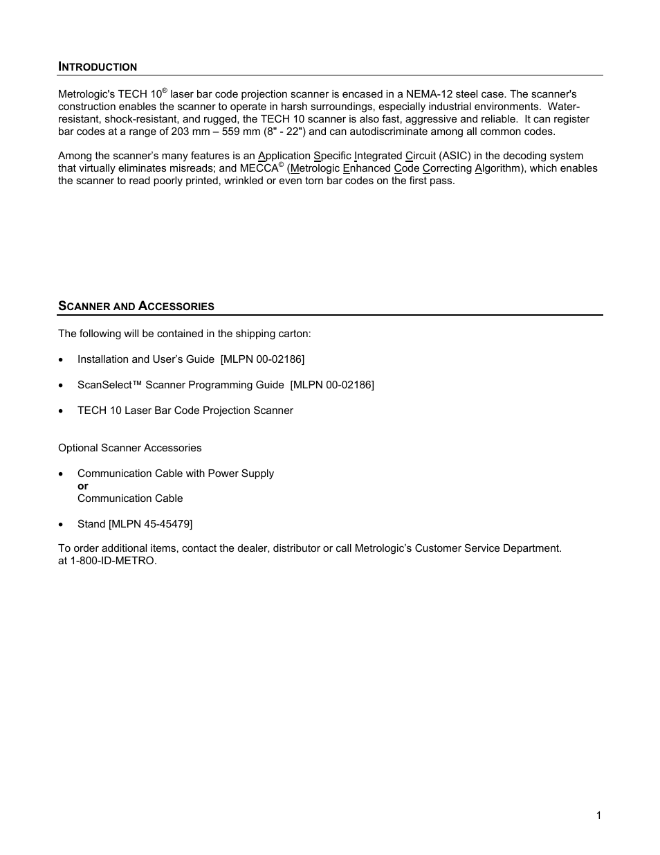 Introduction, Scanner and accessories | Metrologic Instruments 1070 User Manual | Page 5 / 21