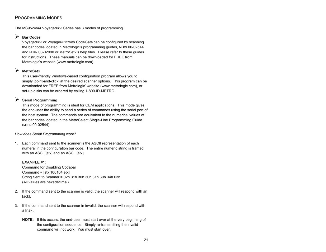 Programming modes | Metrologic Instruments MS9524 User Manual | Page 25 / 56