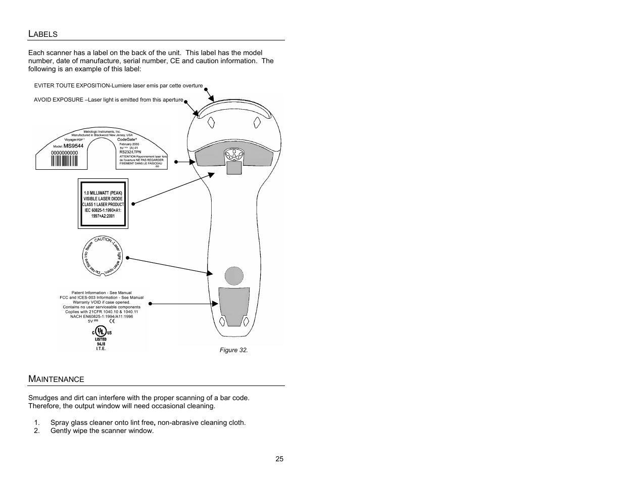 Labels, Maintenance, Labels maintenance | Metrologic Instruments MS9524 User Manual | Page 29 / 56
