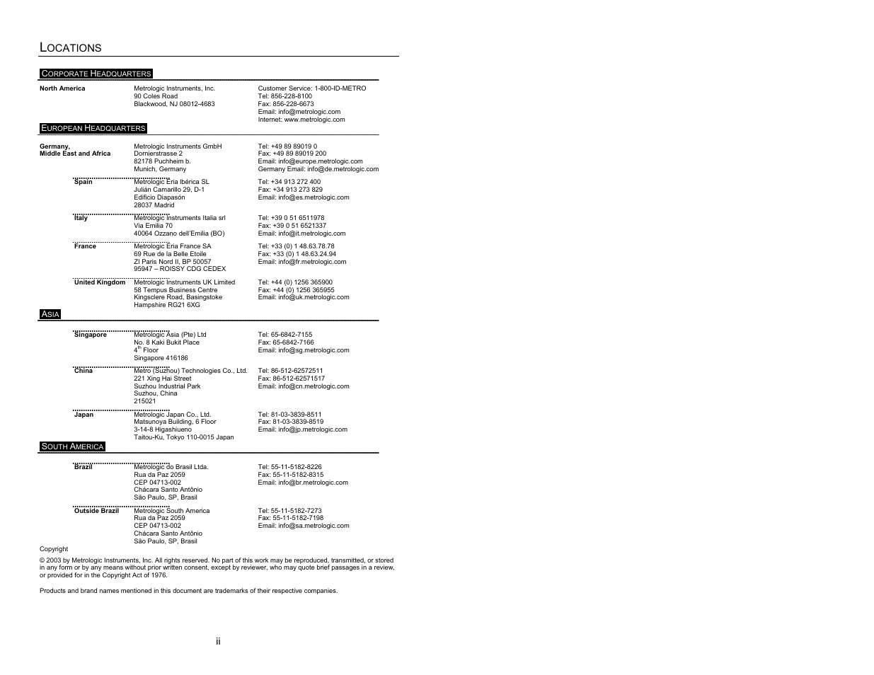 Locations, Ocations | Metrologic Instruments MS9524 User Manual | Page 3 / 56