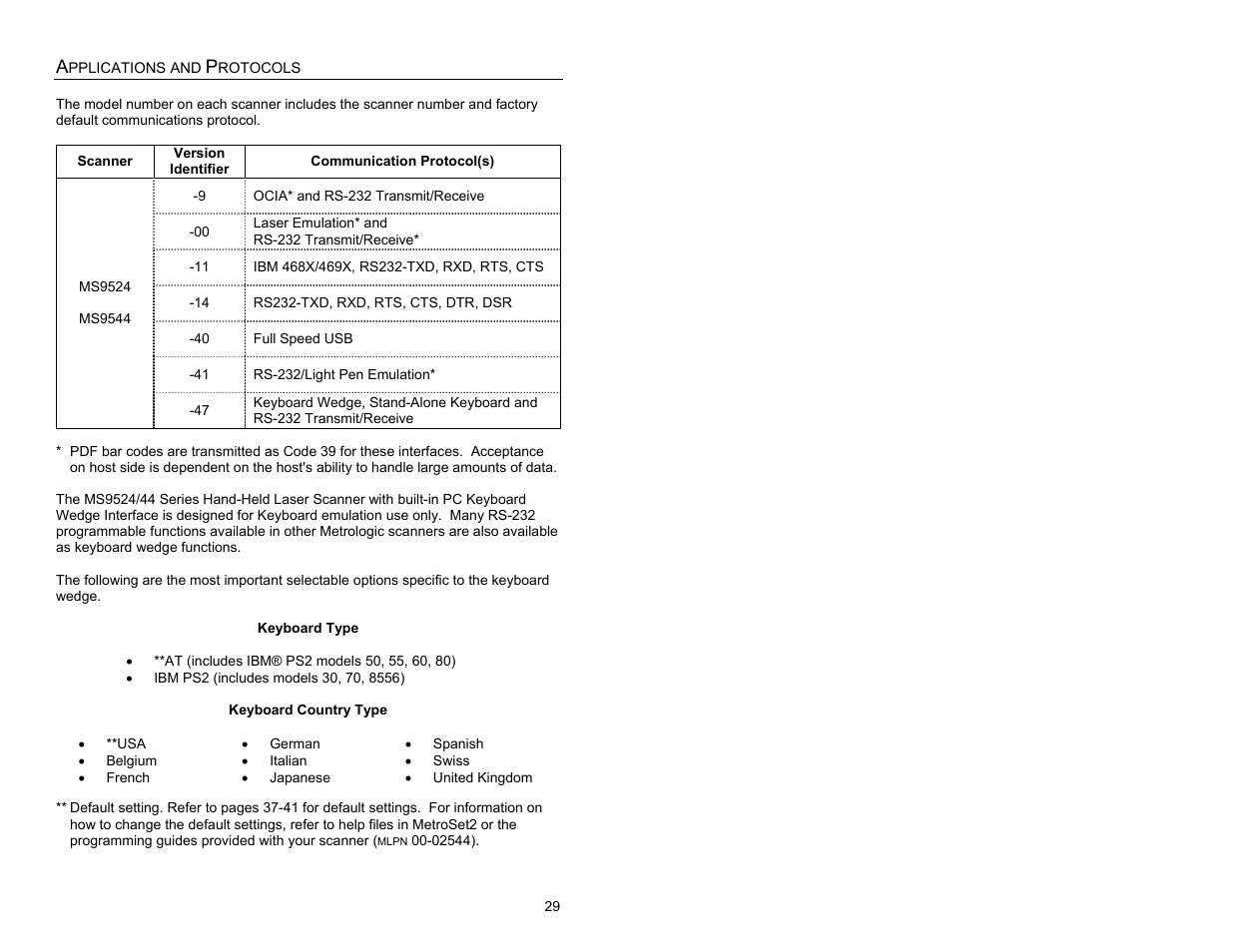 Applications and protocols | Metrologic Instruments MS9524 User Manual | Page 33 / 56