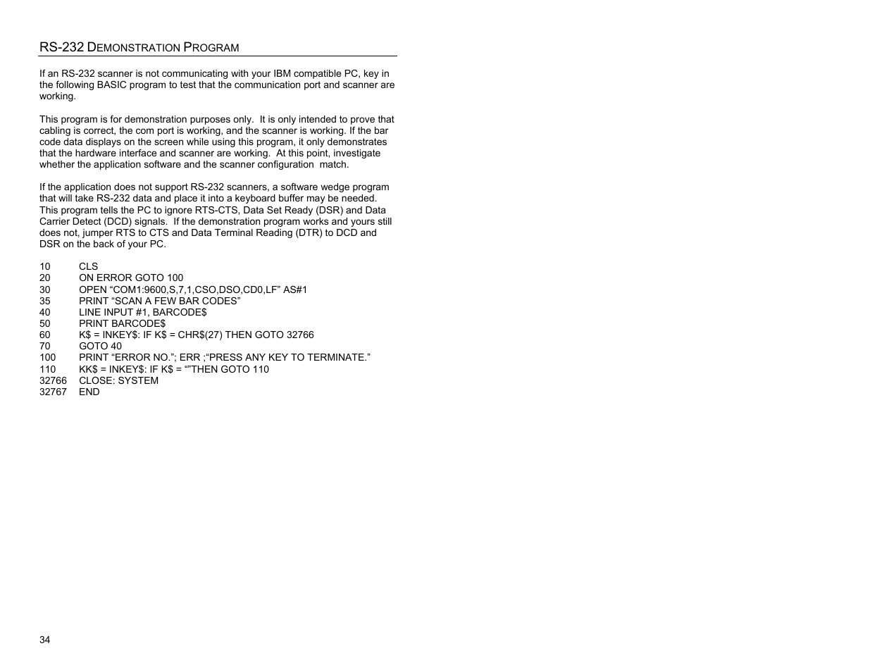 Rs-232 demonstration program, Rs-232 | Metrologic Instruments MS9524 User Manual | Page 38 / 56