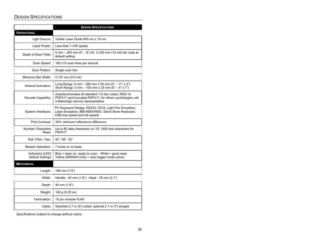 Design specifications | Metrologic Instruments MS9524 User Manual | Page 39 / 56