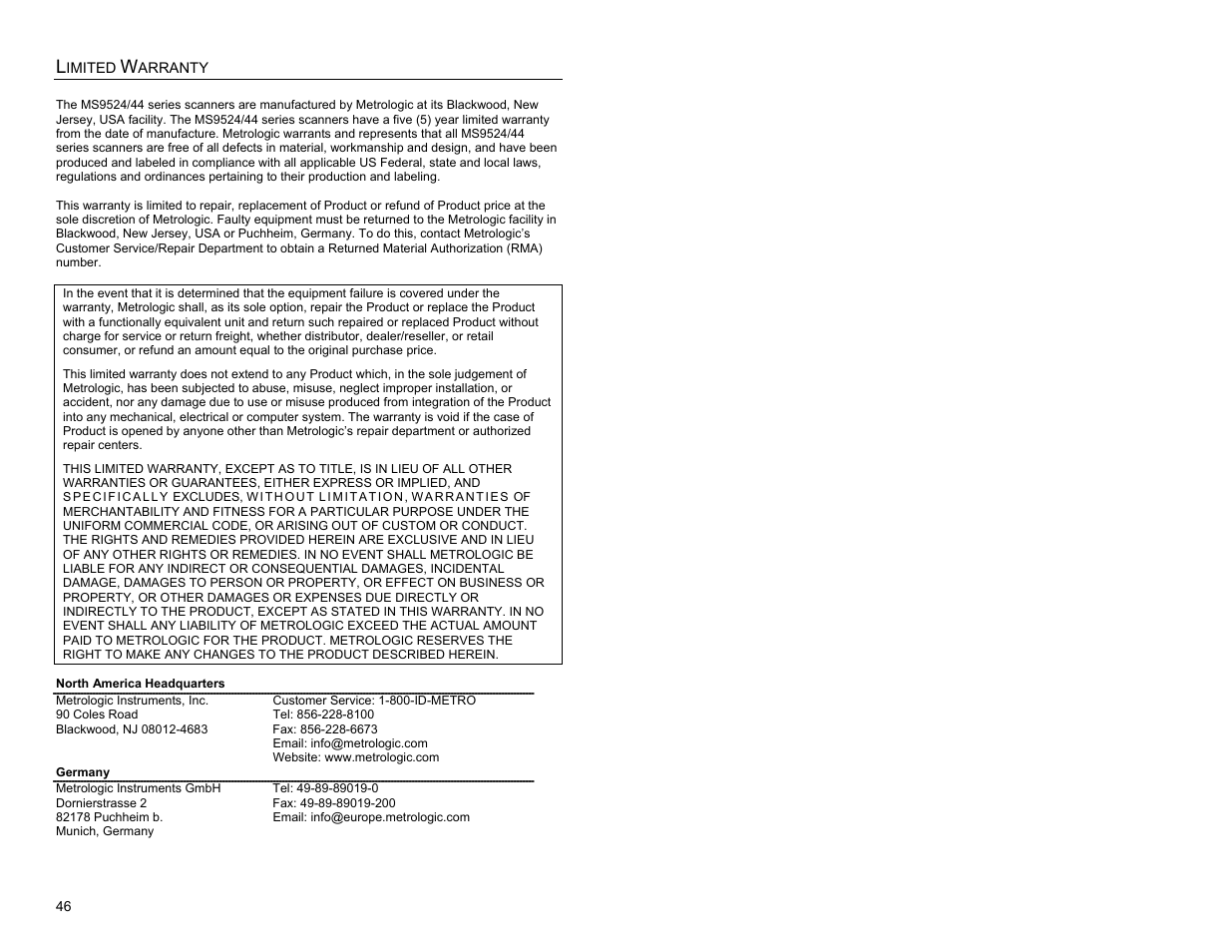 Limited warranty | Metrologic Instruments MS9524 User Manual | Page 50 / 56