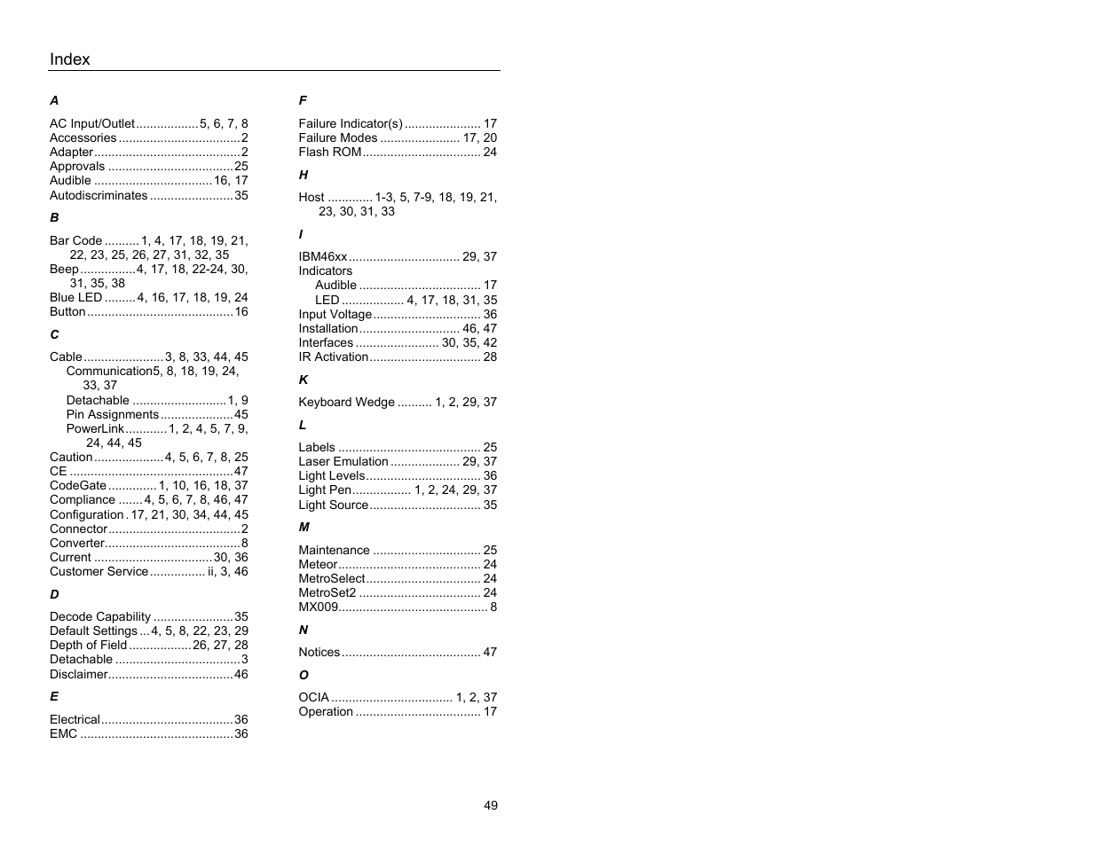 Index | Metrologic Instruments MS9524 User Manual | Page 53 / 56