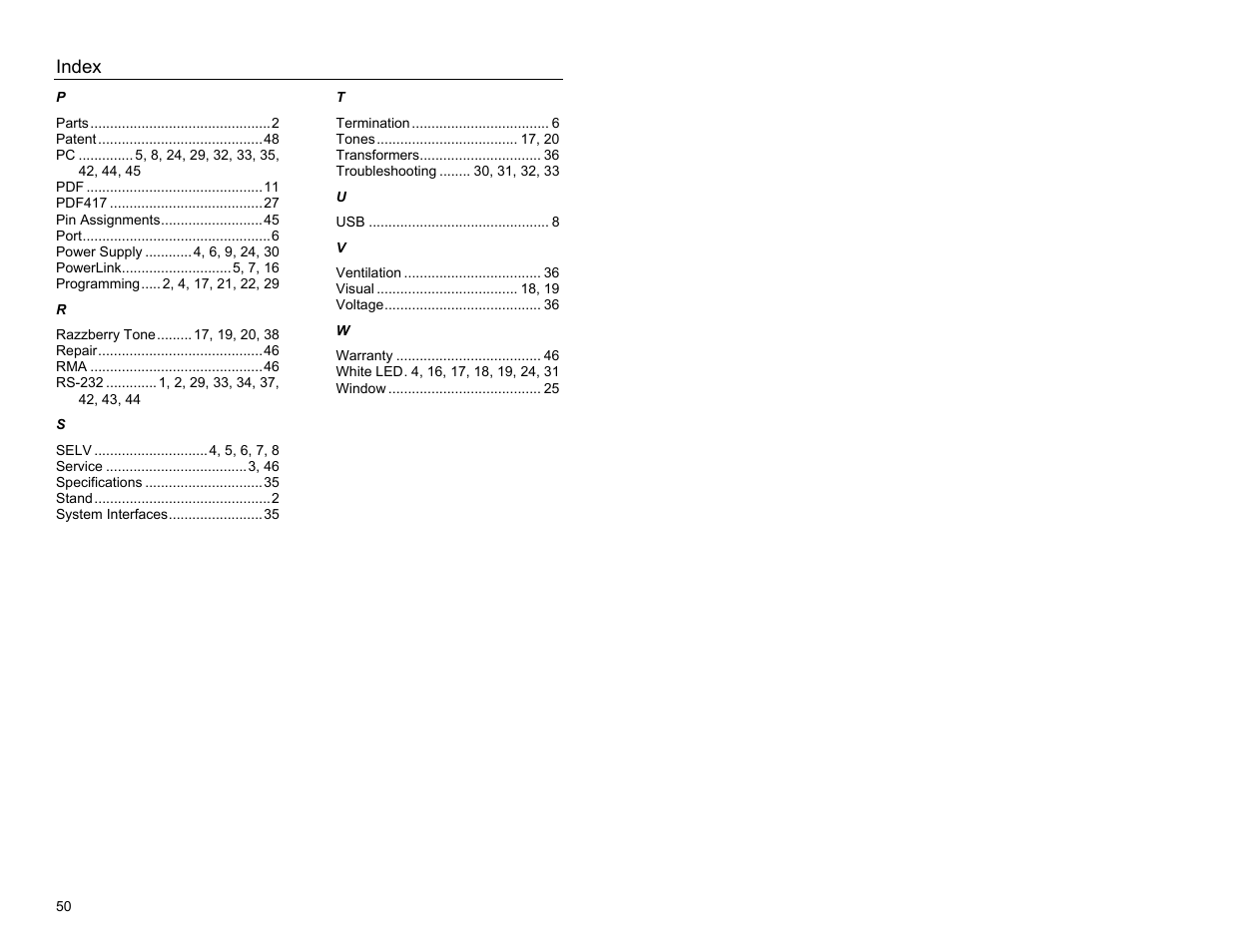 Index | Metrologic Instruments MS9524 User Manual | Page 54 / 56