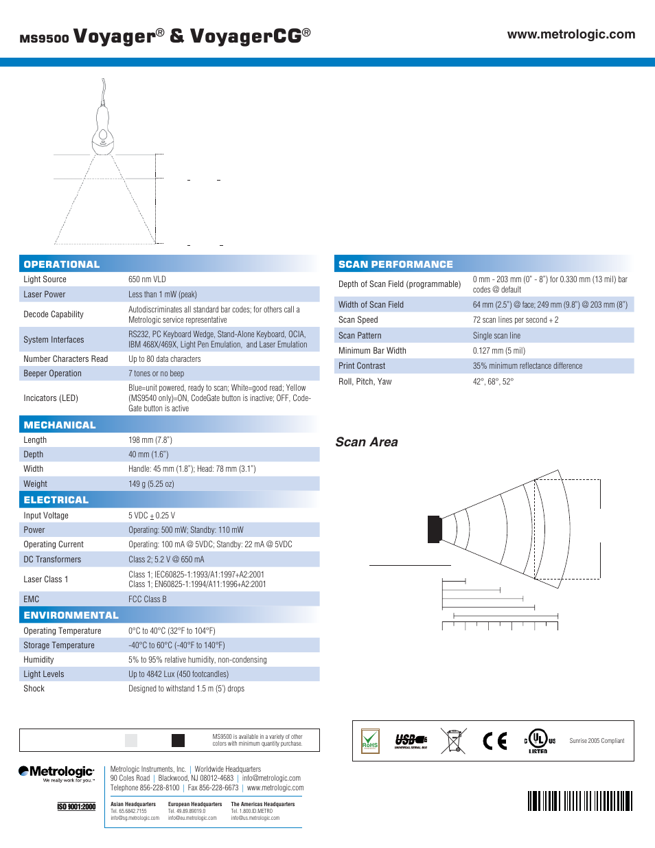 Voyager, Voyagercg, Ds9500 | Scan area | Metrologic Instruments MS9540 User Manual | Page 2 / 2